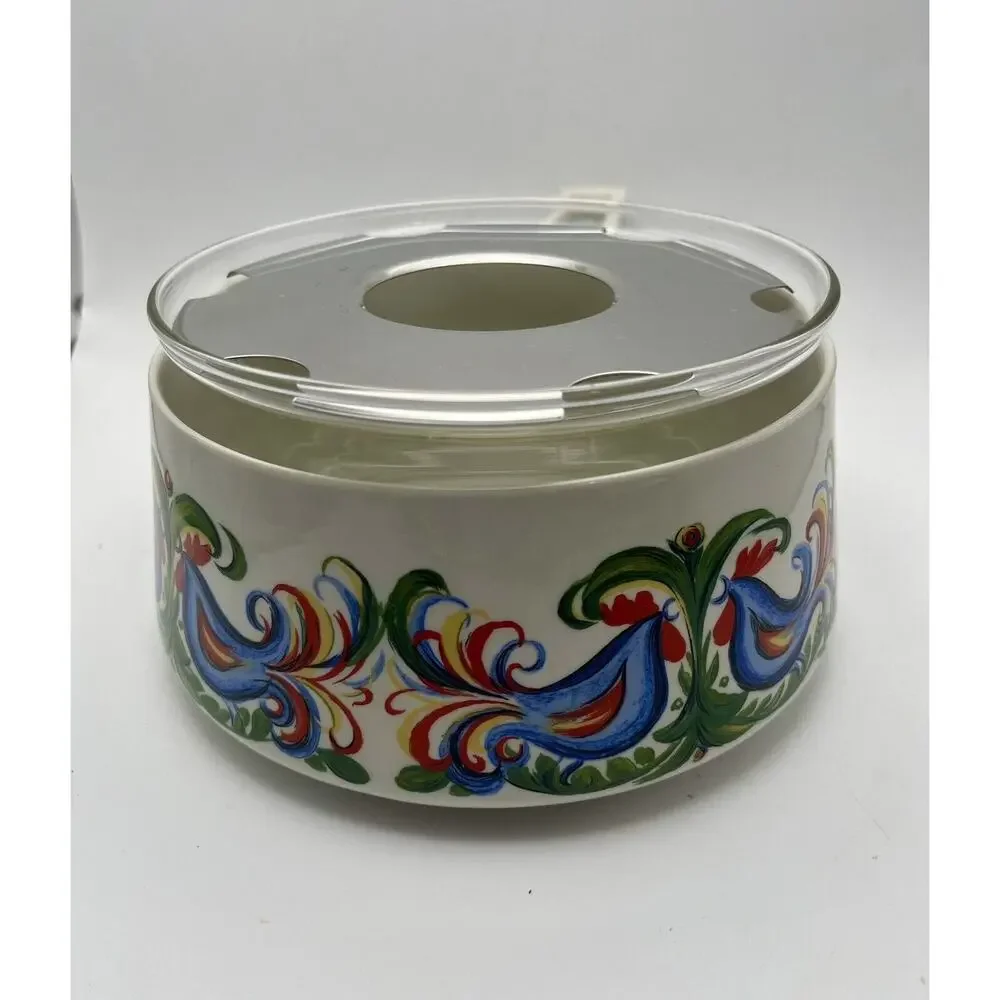 Vtg Villeroy & Boch Rooster Design Fondue Pot With Glass Insert & Lid Porcelain